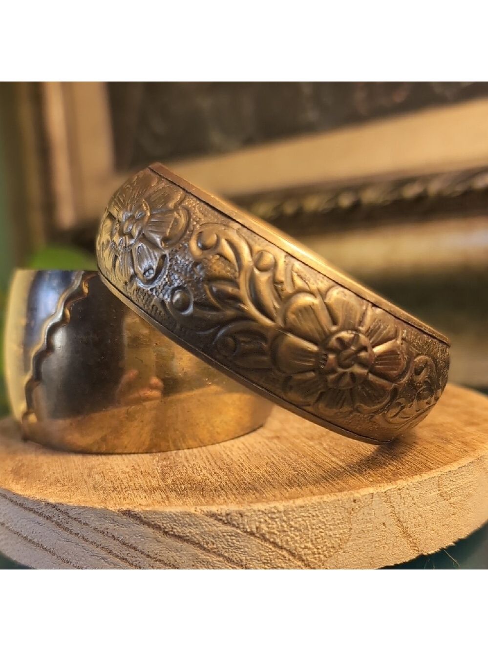 Floral and Scalloped Brass Cuff Bracelets
